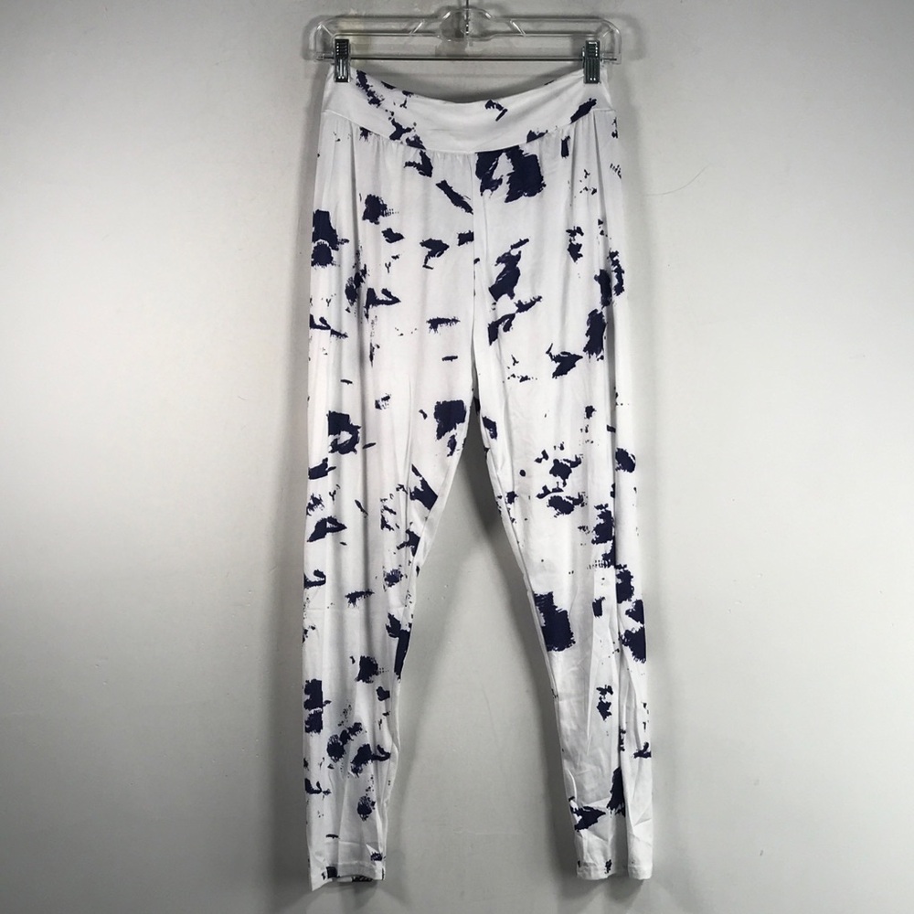 Unbranded Splattered Look Tie Waist Cropped Legging, Women's Size L - White/Navy